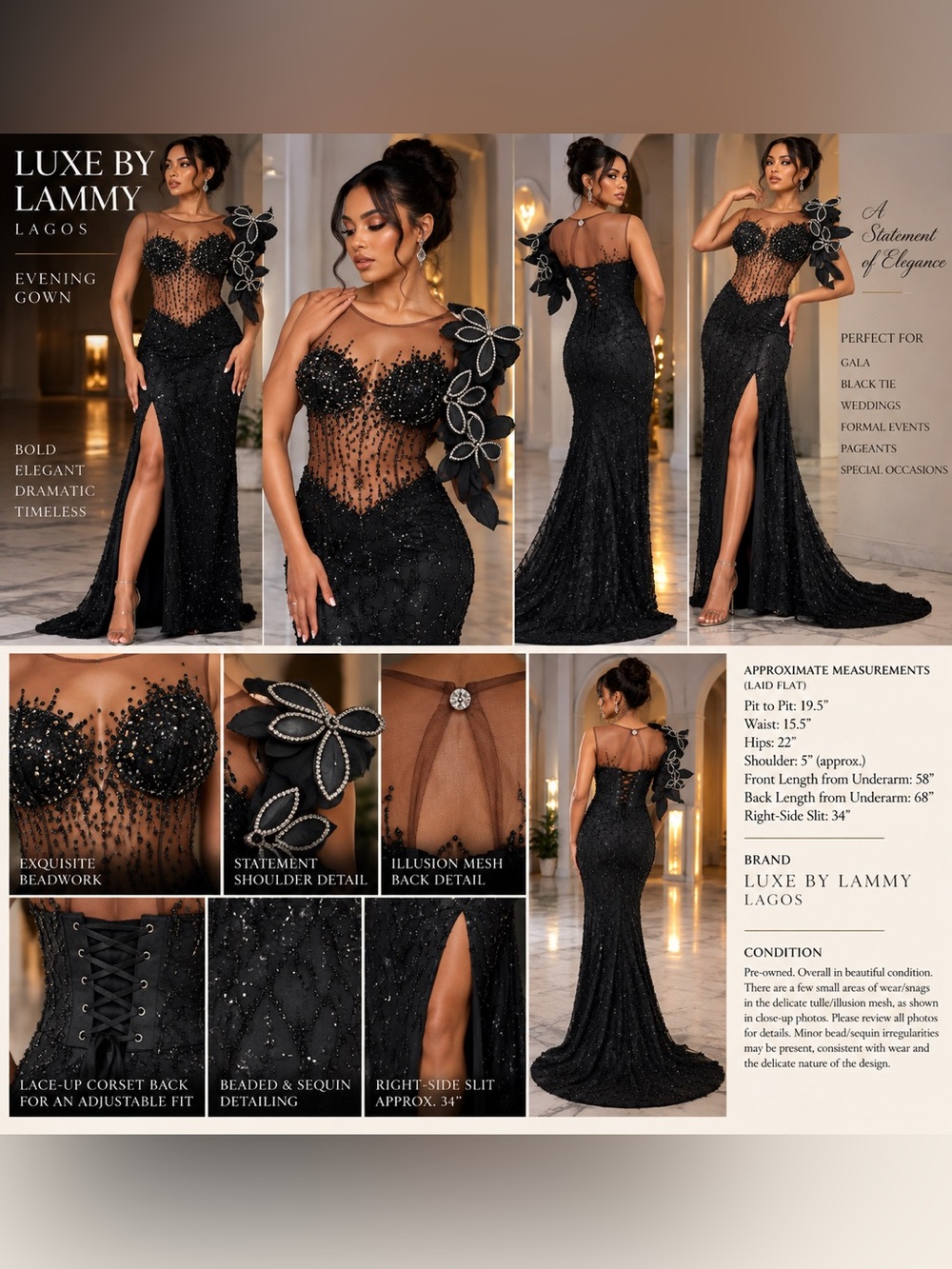 Luxe by Lammy Lagos Beaded Corset Evening Gown w Train & Floral Detail